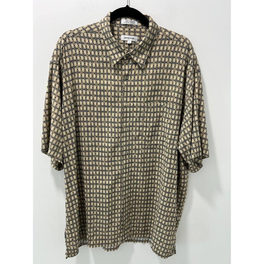 Pierre Cardin Mens XL Short Sleeve Rayon Button Down Shirt Geometric Diamond Tan